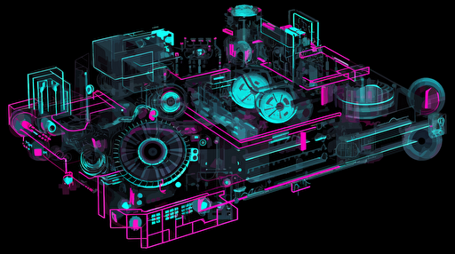 a conceptual design of what AI looks like, high detail, use white background, vectorized, wireframe, futuristic, vibrant colors, use blacks, pinks and cyan