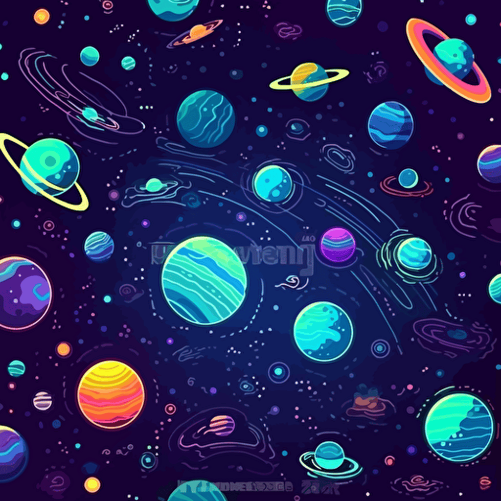 deep space background, inside a video game, vector style, glowing neon, planets, stars, asteroids