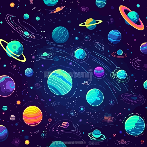 deep space background, inside a video game, vector style, glowing neon, planets, stars, asteroids