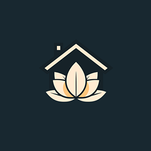 simple geometric iconic logo of a cute house inside a lotus flower, white vector, on black backgroung