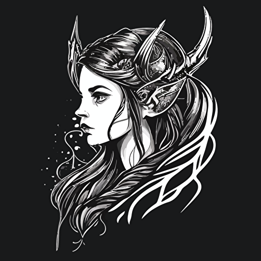 elven girl with horns doodle vector ilustration black and white