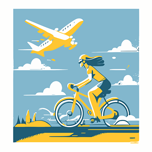 minimalistic illustration style girl riding bicycle in ukraine with plane Mriya flying on the background optimistic scenes of life calm colour palette 2D vector, Andrew Lyons style
