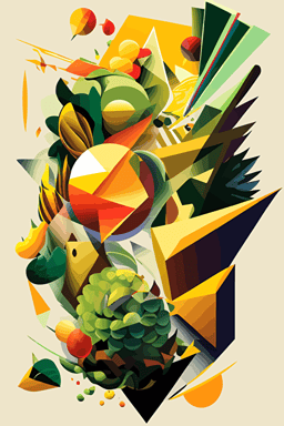 mango and hops explosion, inferno, Neo-Cubism, layered overlapping geometry, geometric fauvism, layered geometric vector art, maximalism; V-Ray, angular oil painting