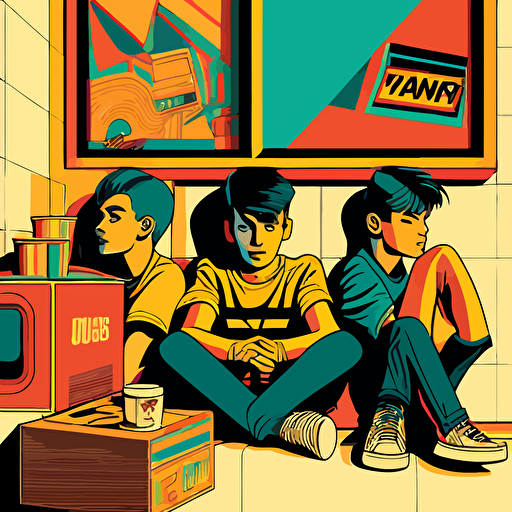3 young, in the ´90, sitting on a couch, eating noodles from fast food chinese boxes. The walls have posters of rock bands. There is a shelf with stacked records. vectorial art geometric, similar Tom Whalen