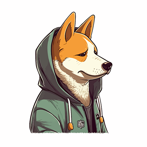 cartoon 2d shiba 2/3 left side profile shot, Shiba Inu wearing a hoodie, cartoon anime, colors, surreal, Vector illustration, white background