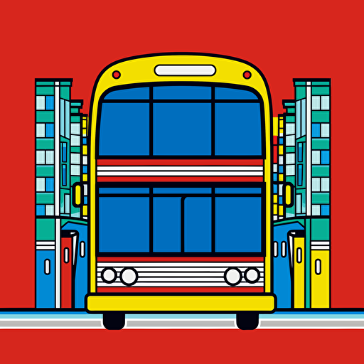 a basic city themed card back design with a tour bus on it in a symmetrical design, fun primary colours with a vector art style