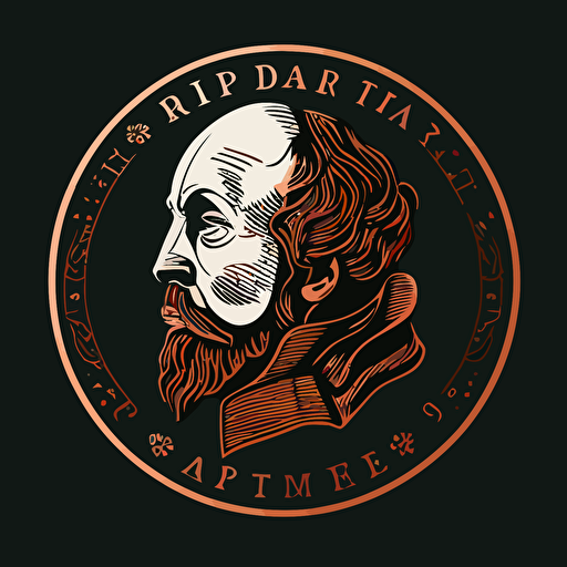 2-dimensional, 2 colors, minimalist vector logo of an English penny with Shakespeare’s face in profile that says “The Poor Players” around the edges