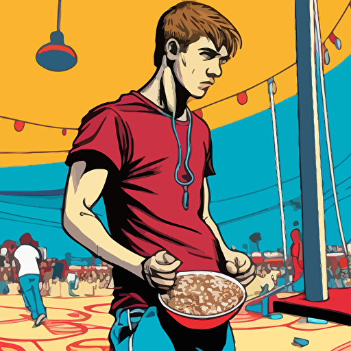 gta san andreas style drawing of a young man standing on center of a playground and eating cereals from bowl, digital drawing, vector, hd