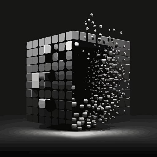 logo, minimalist, vectorized, gray and black colors on the exterior print layer , delicacy, interlayer of small colored cubes inside, with different shades, black background