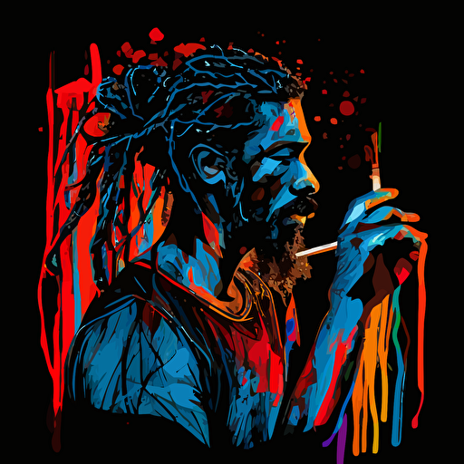pen and ink, vector vibrant concept art, black male long dreadlocks mustach ,goatee, holding a paintbrush painting, black background