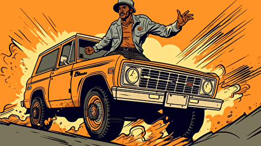 vector art style, OJ in a Bronco running from police, in the style of Michael Parks,