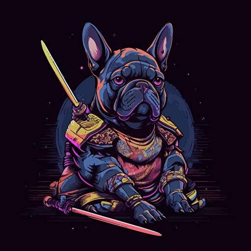 Cartoon French bulldog samurai, cyberpunk colours, vector art, cartoon, 32k