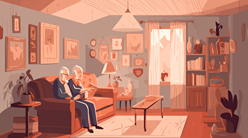 vector art, cute cosy livingroom, elderly couple sitting on the sofa reading a photobook, central perspective, illustrator, after effects, reduced color palette