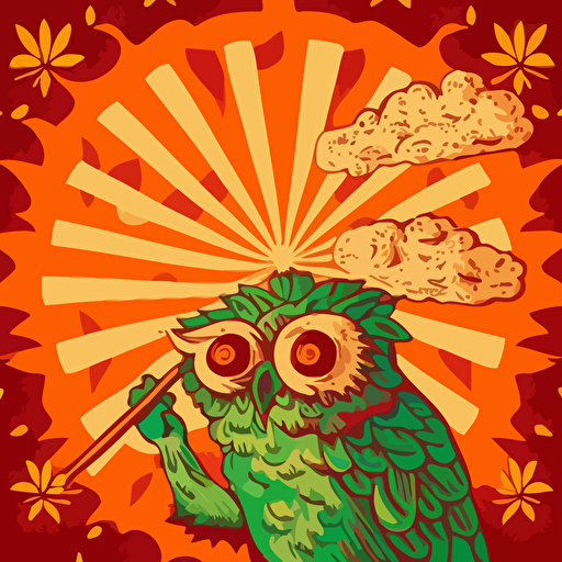 1970s trippy illustration of an owl smoking a joint for 420 with pizza and weed pattern background vector