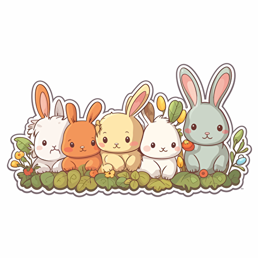 Easter Bunny Rabbits Vector Cute Cartoon Children Book Style Sticker border no background