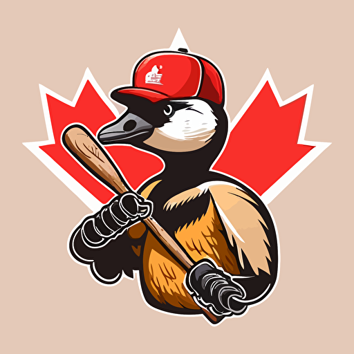 logo, vector, 3 color, mascot, canadian goose, wearing a baseball hat and baseball jersey, holding a bat