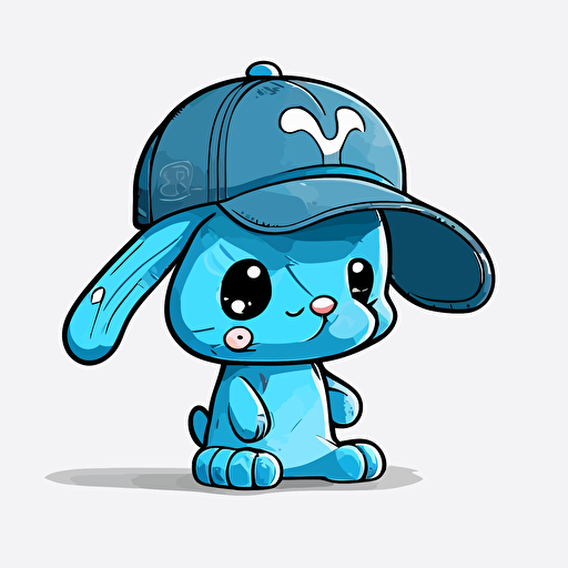 cute, happy bunny wearing a blue baseball hat, contour, vector, white background, clipart