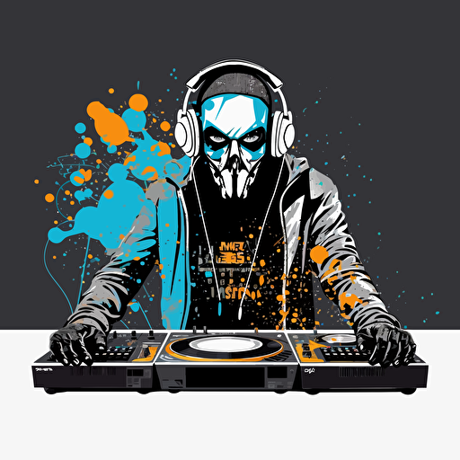 scratch dj with neon mask, 2 technics 1210 turntables and a battle mixer, frank miller stencil, design, 2d, vector, white wall