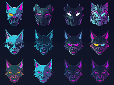 All angles game sprite sheet of cyberpunk futuristic sci-fi masks for space-cats, collection sheet, 2d game sprite, asset store, 2D flat cartoon vector game design