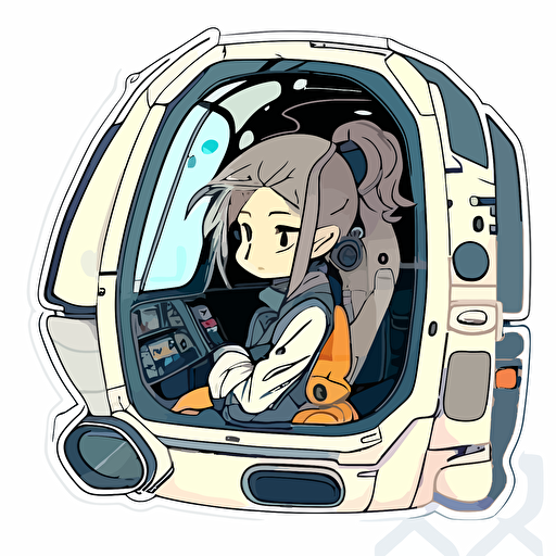Girl in spaceship, Sticker, Relaxed, Dark and light colours, Anime, Contour, Vector, White background, Detailed