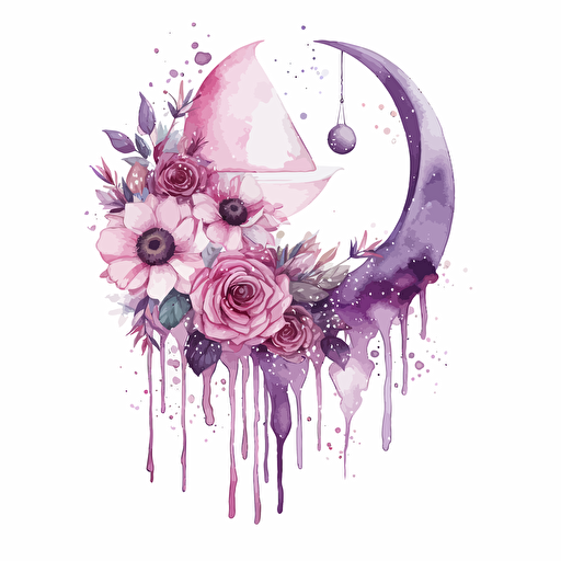 crecent moon with flowers and dripping crystals pinks purples white background vector