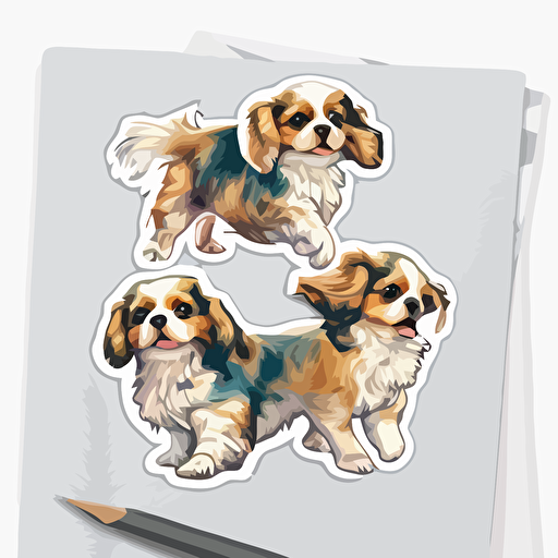 watercolor cavalier puppies playing vector art sticker