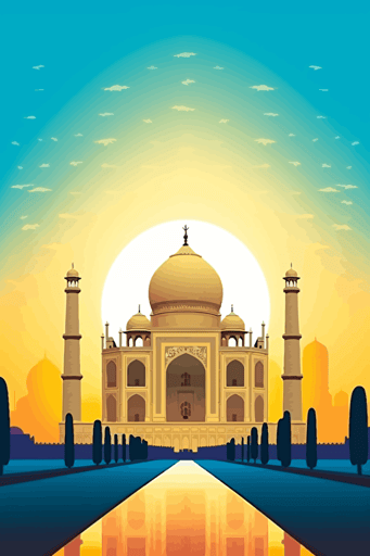 taj mahal, honeycomb style, bright lighting, summer vibrant colors, blue sky, sun in sky, faint clouds, front view, flat,vector,