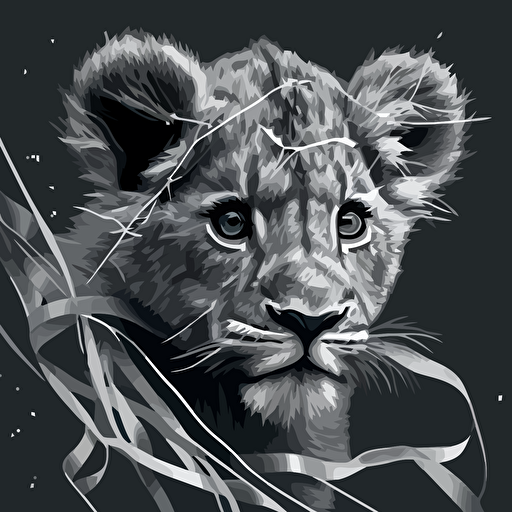 A vectorized image of a baby lion with streamers in shades of grey.
