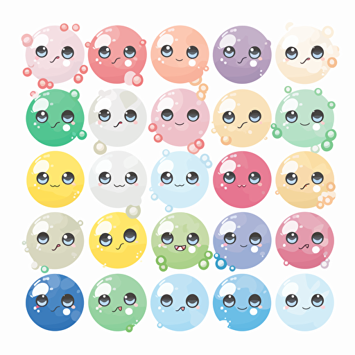 Kawaii fizzy bubbles, flat, 2D, vector, 16 colors, white background, in anime chibi style