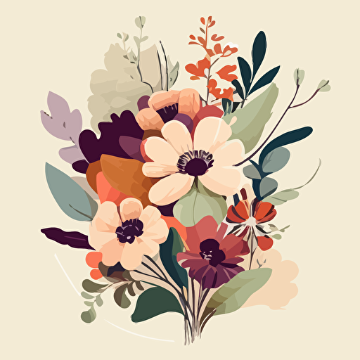 flat vector of a bunch of flowers on a cream background. Lots of white space around. Warm bright colours.