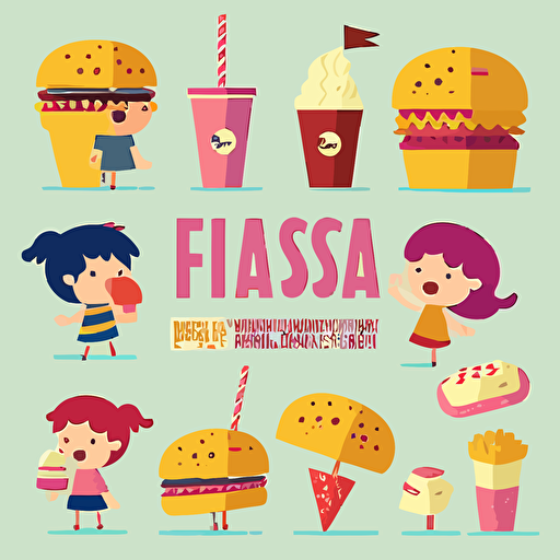 fastfood, multiple angle ,children's book illustration style, simple, cute, full color, flat color,vector