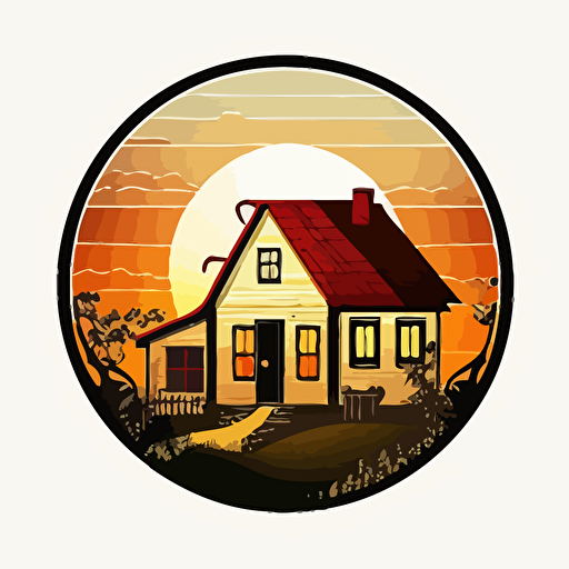 simple logo, vector small round sticker, small house with solar panels during sunset