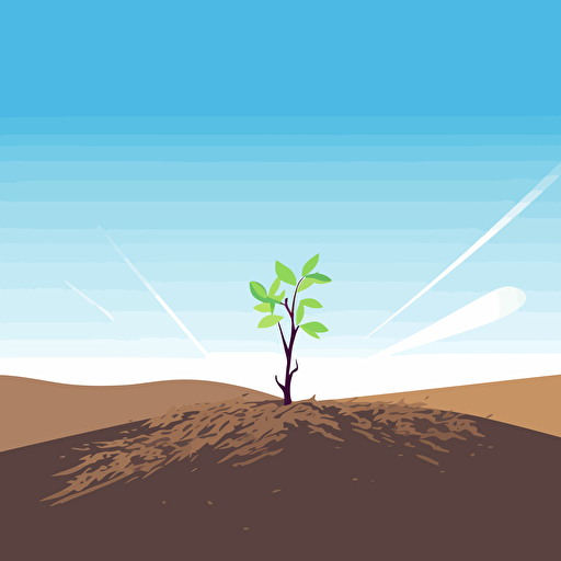 a small sprout coming through the dirt in an empty garden. Blue sky. Trees in the background. Vector illustration.