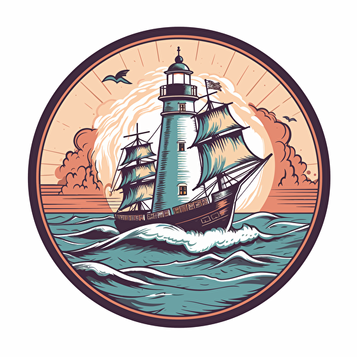vector logo 16:9 format , columbian style, a ship and a lighthouse
