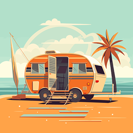 simple flat vector illustration of a caravan with a wooden porch with a swing on the beach