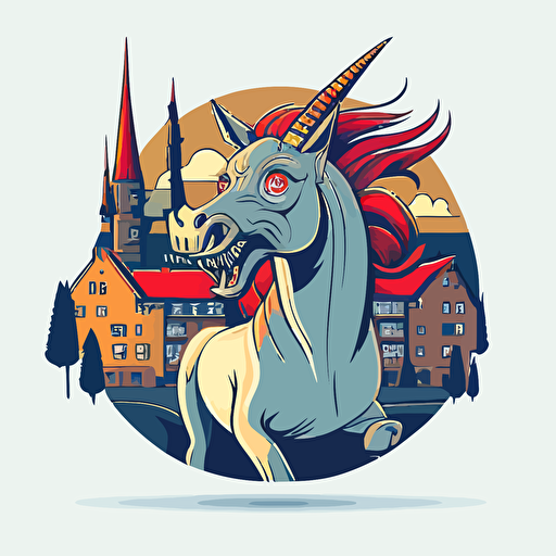funny unicorn in the bad part of city, vector logo, vector art, emblem, simple cartoon, 2d, no text, white background
