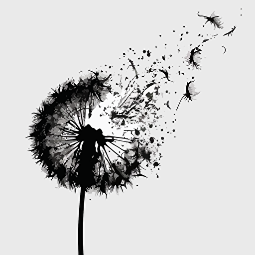 simplistic vector 2d image black ink dandelion left handside blowing in the wind away to the right