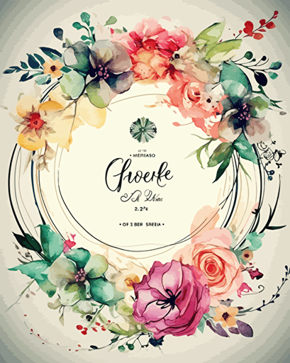 sober wedding invitation, with a littlee circle of stylized flowers, spring style, logos vector style, aquarellestyle