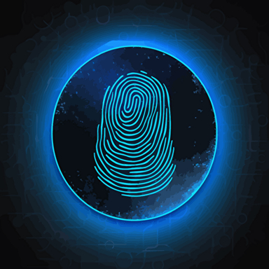 neon fingerprint sign icon, neon vector illustration royalty free радела, in the style of focus on materials, detailed background elements, light blue and dark black, rounded shapes, flat backgrounds, hyper-detailed, cryptidcore