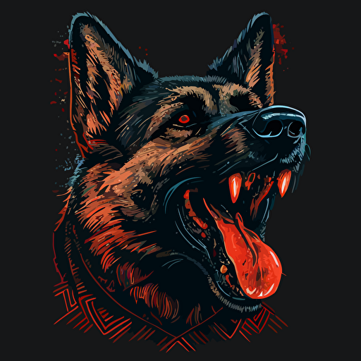 super aggressive german shepherd with titanium teeth, with thick mean looking head, about to bite, vector,