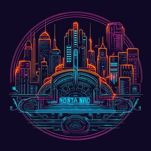 vector neon sign logo in 2d of a cityscape, in the style of neon art nouveau, cyberpunk artifacts and distortion overlay, detailed scientific subjects, adafruit, translucent color, thought-provoking, symmetrical arrangements, melancholic