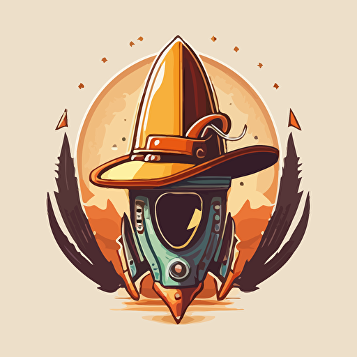 a flat vector logo, minmal, of a rocketship wearing a cowboy hat