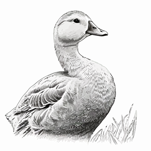 close up of clumbsy duck, on farm, in style of Gabriel Schama, black and white, flat, vector, line drawling, white background ar 1:1