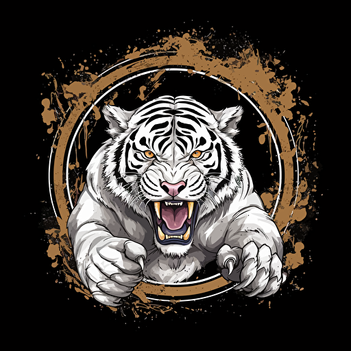 white tiger with gold tooth. Flexing biceps. Oval frame. Highly detailed. Vector image. Drawing. Paint splatter. Drips. Black background