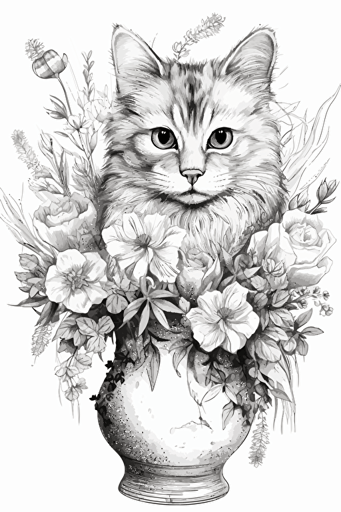 svg vector drawing of a beautiful cat near a vase full of flowers