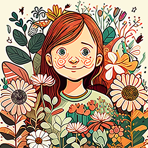 a happy young girl with big brown eyes and freckles who has a stunning colourful garden growing from her brain. vector style