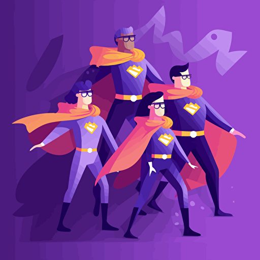 cute and fun style, overlook angle, vector cartoon vector flat, group of office employees becoming superheros to protect the company against cyber attacks, main color purple