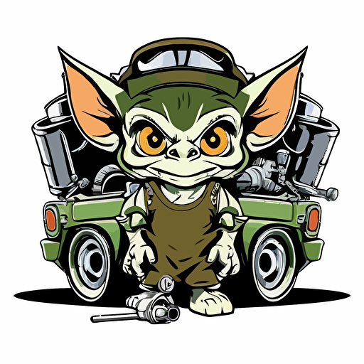 Gremlin in mechanics overalls working under the hood of a car, vector logo, vector art, emblem, simple cartoon, 2d, no text, white background
