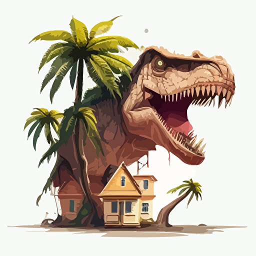 a one story house with some palm trees in the front and the top half of a t-rex coming out of the roof with a white background, cartoon vector style
