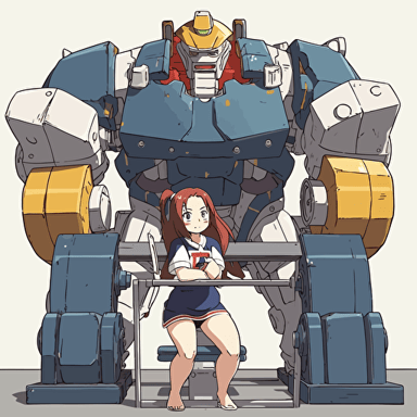 A giant robot is helping an anime girl inspired by K-on to do barebell bench press with four plates, empty background, in the style of japanese animation, bright color, simple design, no background, empty background, wearing sbd gear outfit, facial expression displayed a strained expression, sweat dripping from the furrowed brow, toungue is out
